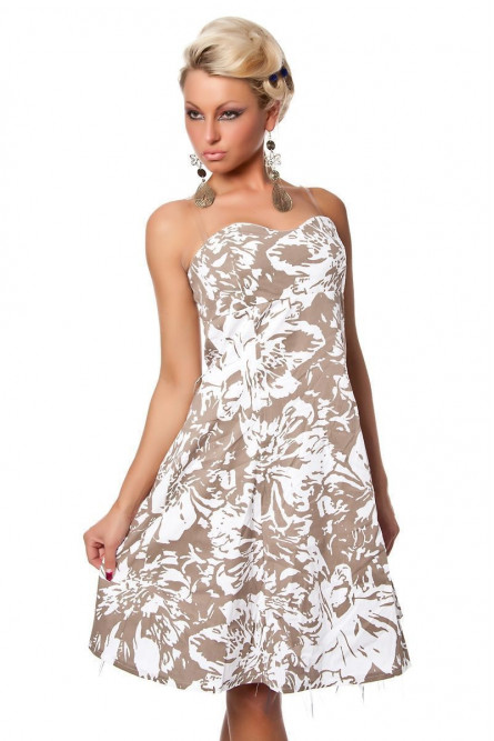 Коричнево-белое платье с цветами