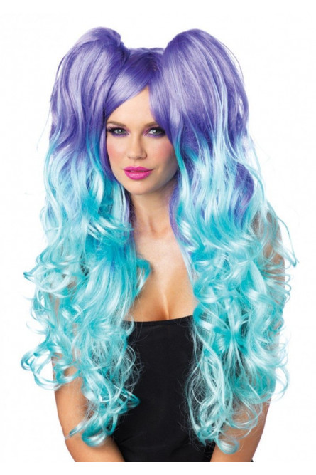 Фиолетово-голубой длинный парик