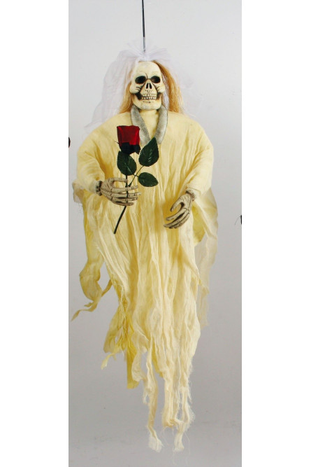 Подвесная фигура невеста-скелет с красной розой в руке 90см