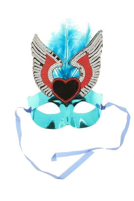 Маска голубая с перьями и сердцем