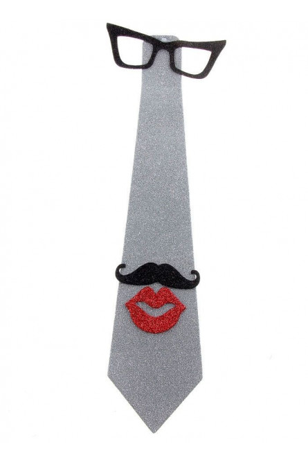 Карнавальный галстук очки, усы и губы серебро