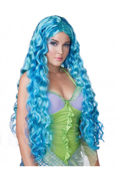 Длинный голубой парик с локонами
