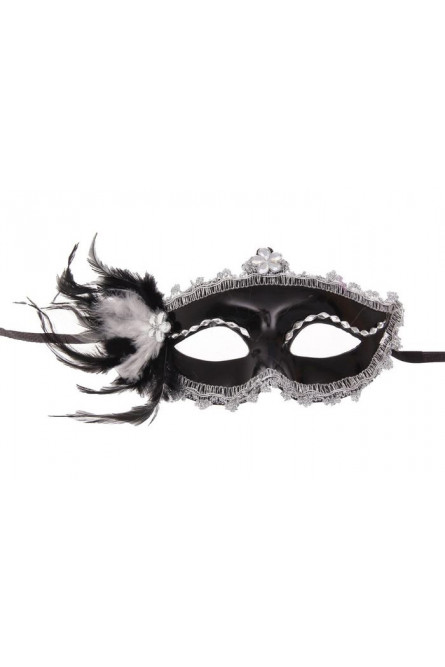 Карнавальная маска черная с перьями