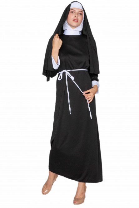 Костюм Монашки (черно белый с головным убором монахини, длинное черное платье с белым воротником и манжетами)