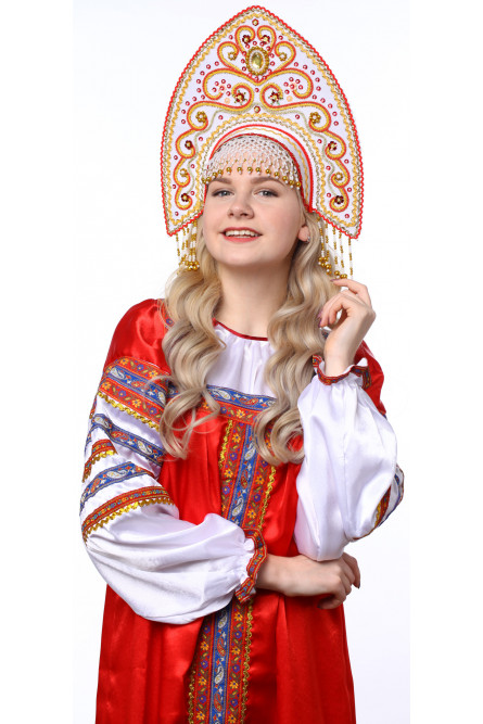 Белый кокошник Ярославна в золоте с красным