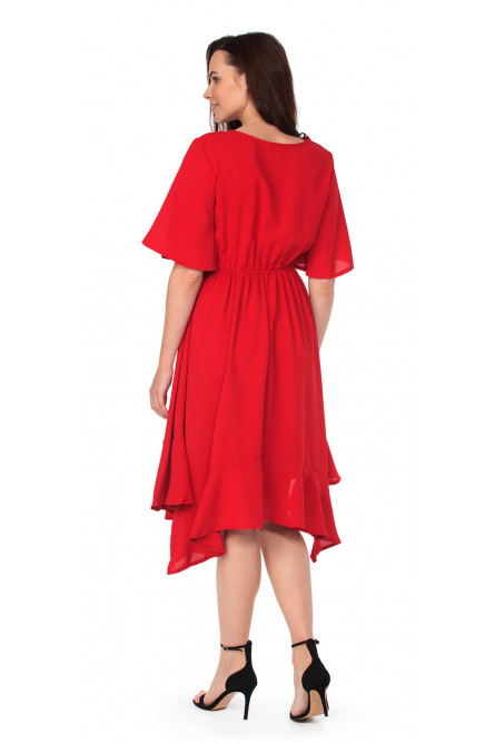 Красное платье миди с асимметричным подолом