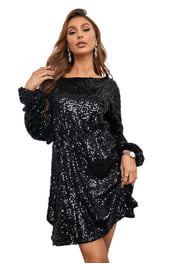 Черное Мини-платье с длинными рукавами и блестками