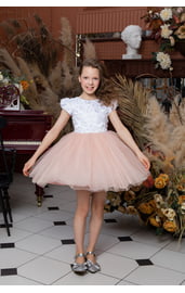 Платье с блестящей юбкой  персиковое