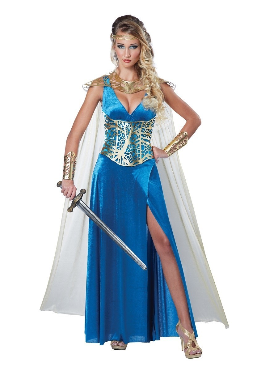 Костюм великолепной королевы воинов включает в себя синее длинное платье с ...