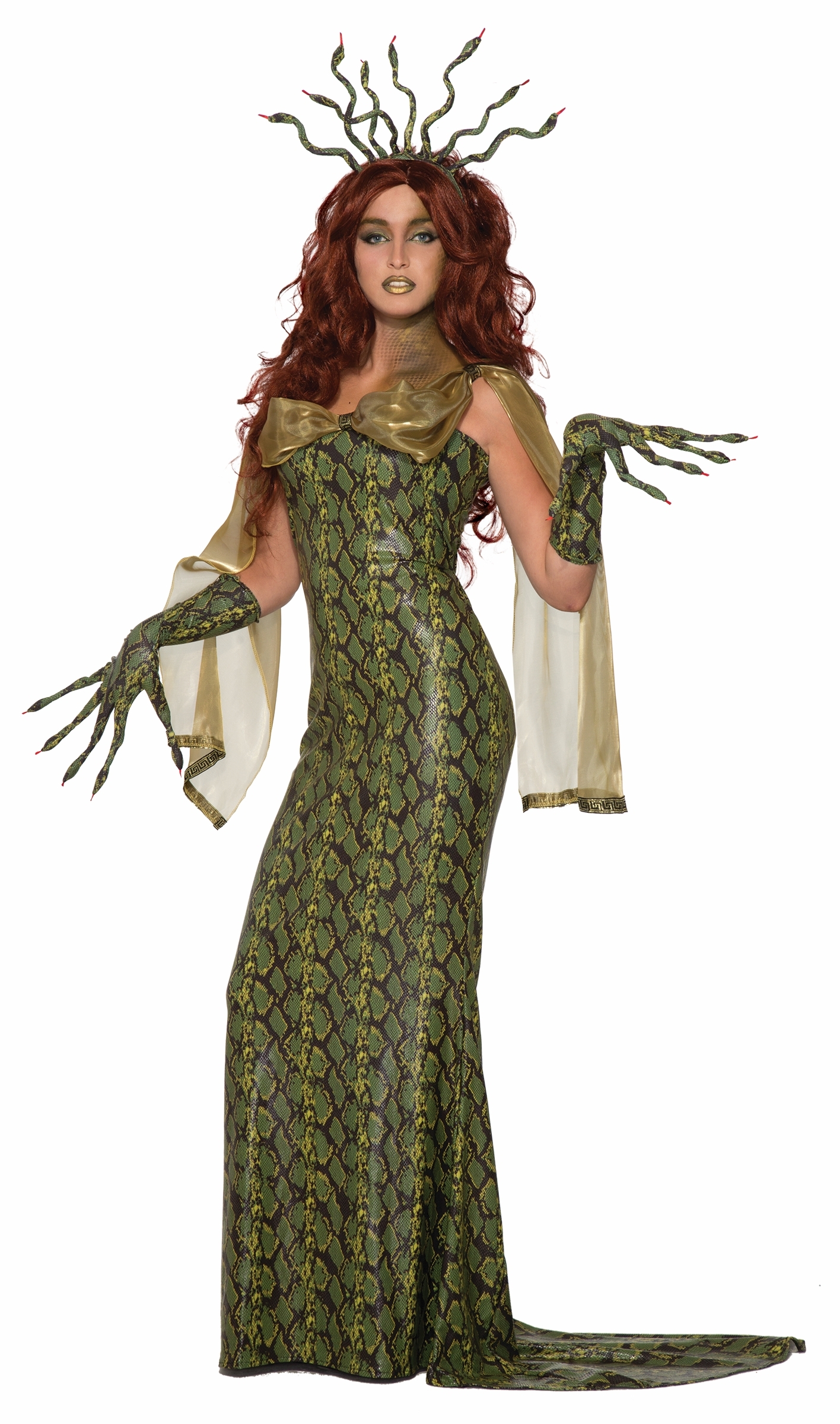 Костюм Медузы Горгоны состоит из платья, перчаток и украшения в волосы. 